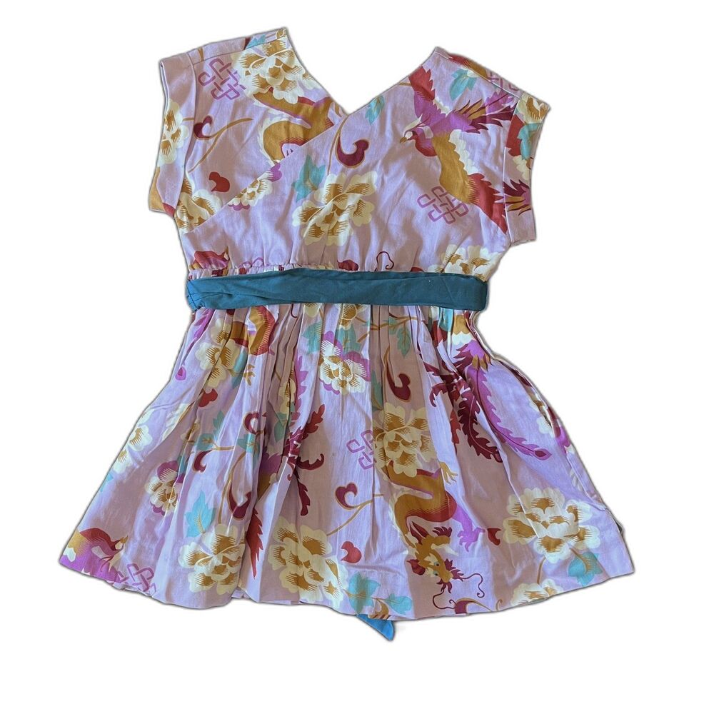 Tea Collection Girls 3T Dragon Phoenix Floral Dress Teal Sash Pink